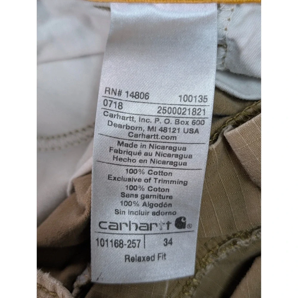 Carhartt Force Relaxed Fit Cargo Shorts Mens 34 Brown Ripstop Work Utility 9.5in